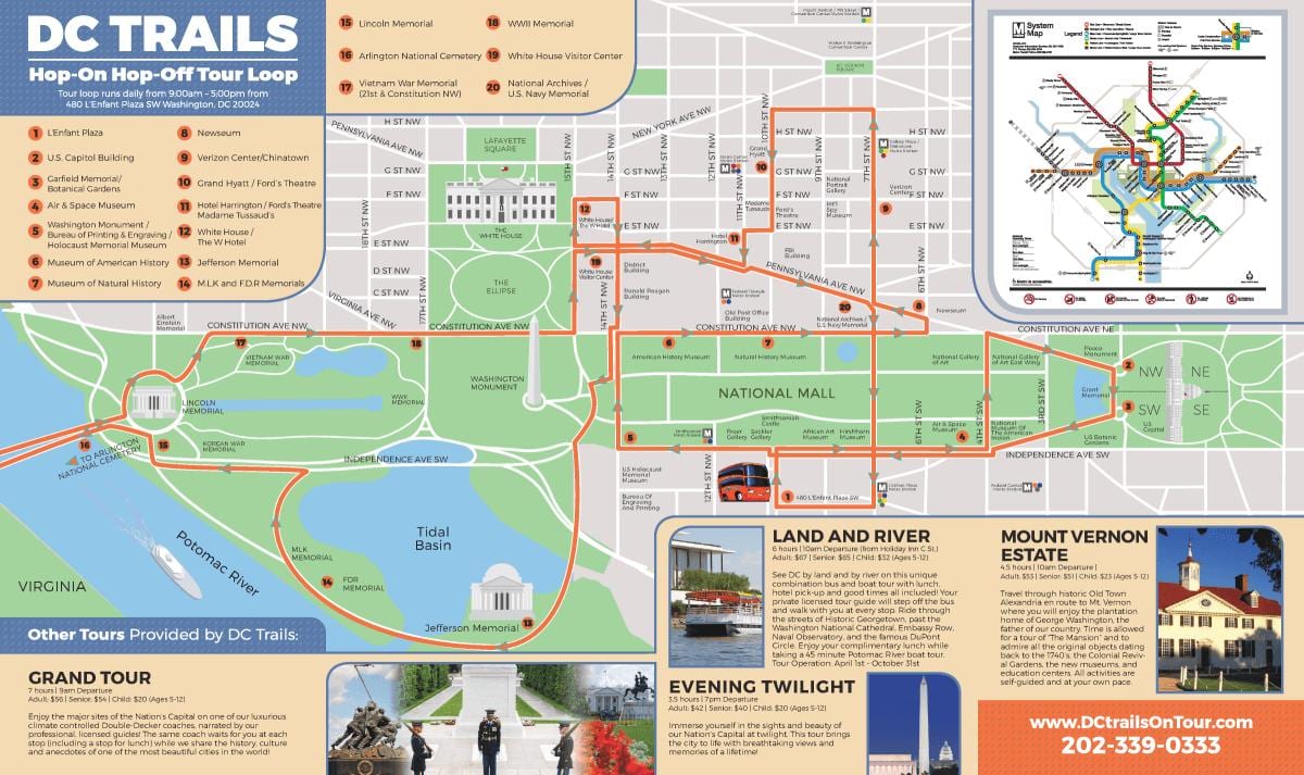 washington dc 'hop on, hop off' - bussen rute kort