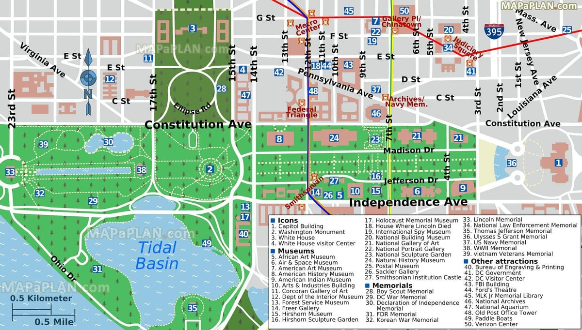 kort over washington dc største attraktioner
